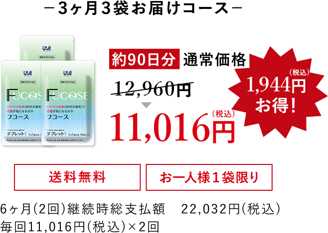 －３ヶ月３袋お届けコース－ 初めてご注文の方、約90日分 通常価格 12,960円→11,016円(税込) 19,44円(税込)お得！ 送料無料 お一人様１袋限り 6か月(2回)継続時総支払額 22,032円(税込) 毎回11,016円(税込)×2回