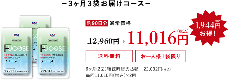 －３ヶ月３袋お届けコース－ 初めてご注文の方、約90日分 通常価格 12,960円→11,016円(税込) 19,44円(税込)お得！ 送料無料 お一人様１袋限り 6か月(2回)継続時総支払額 22,032円(税込) 毎回11,016円(税込)×2回